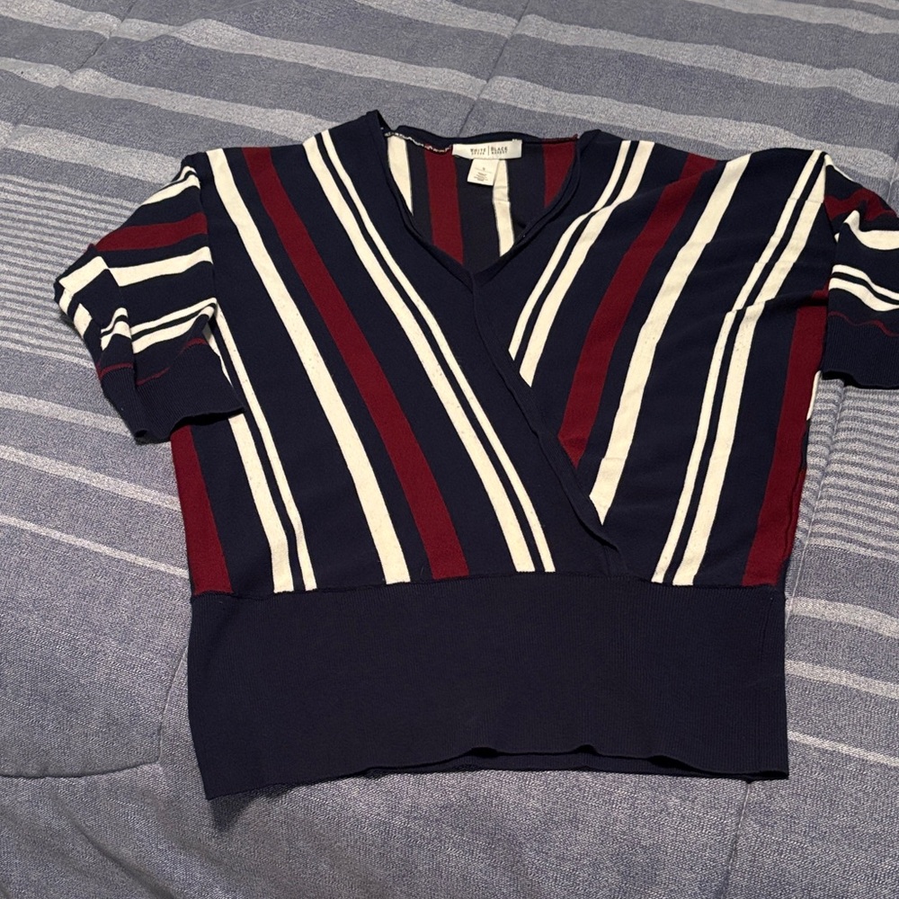 White House Black Market Navy and Burgundy V-Neck Sweater